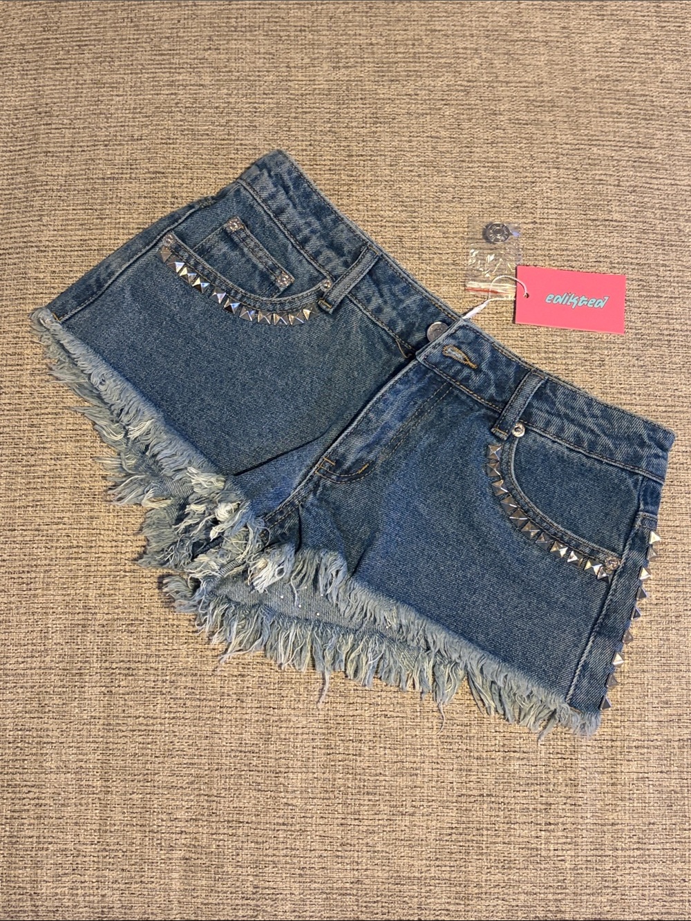 Edikted Distressed Blue Denim Shorts with Pyramid Studs